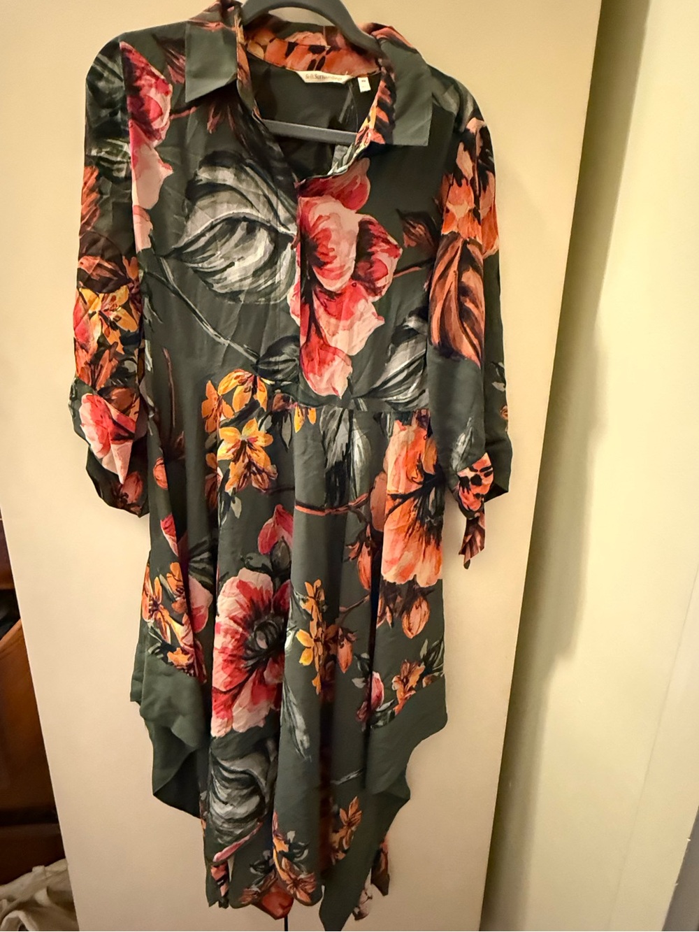 Soft Surroundings Olive Green High-Low Floral Dress with Pink & Orange Blooms